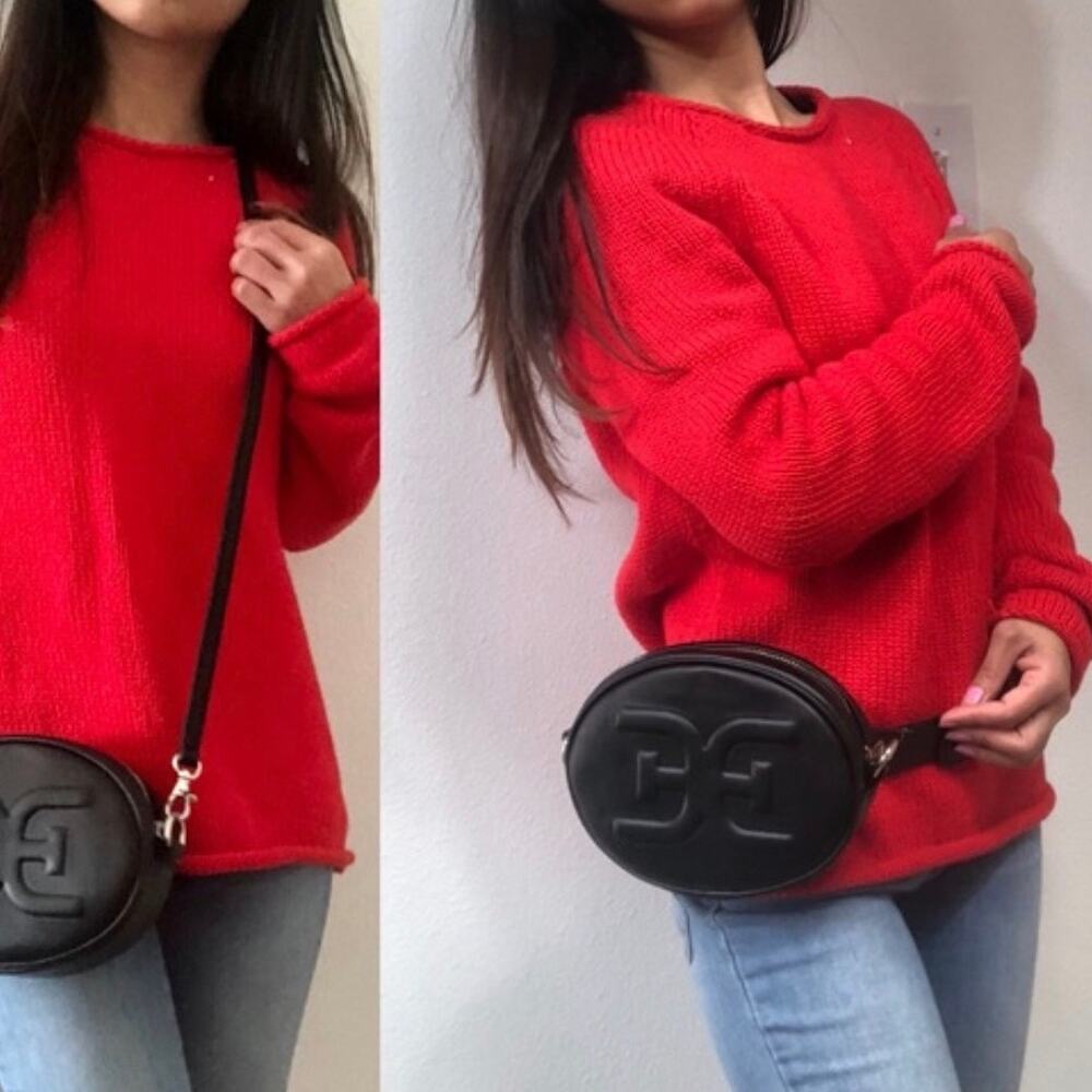 Sam Edelman Fanny Pack Black Leather Oval Belt Bag Small Adjustable Logo